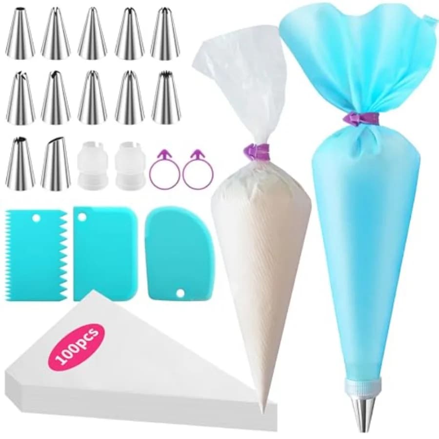 ALLTOP Ping Bags and Ts Set -Ultimate Cake Decorating plies Kit - Included 100 Disable Pastry Bags, 1 Reusable Silicone Bag, 2
