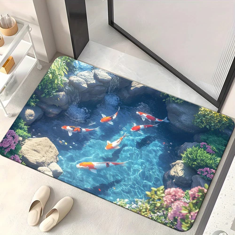 1PCS Fish Pond Pattern Microfiber Doormat Non Slip Water Absorbent Washable Entrance Rug for Bathroom Living Room Camping Yoga U
