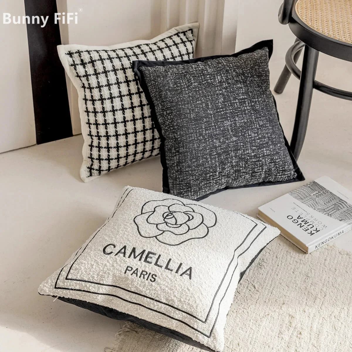 2024 Fodera per cuscino di lusso leggera bianca nera Camelia Jacquard Ricamo Fodere per cuscini Federe decorative per soggiorno nordico