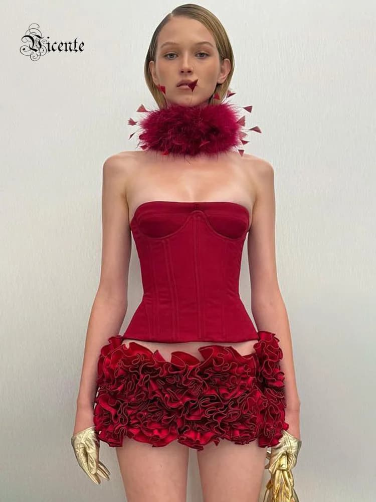 VC Strapless Christmas Dress Top textured red with floral decorated miniskirt Party Cocktail Set of 2 pieces