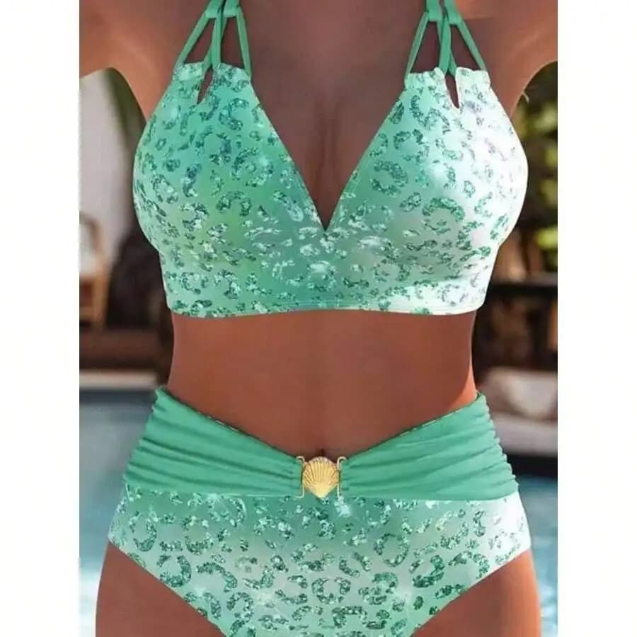 Women Two Piece Leopard Print Bikini Set With Shell Buckle High Waist Swimsuit