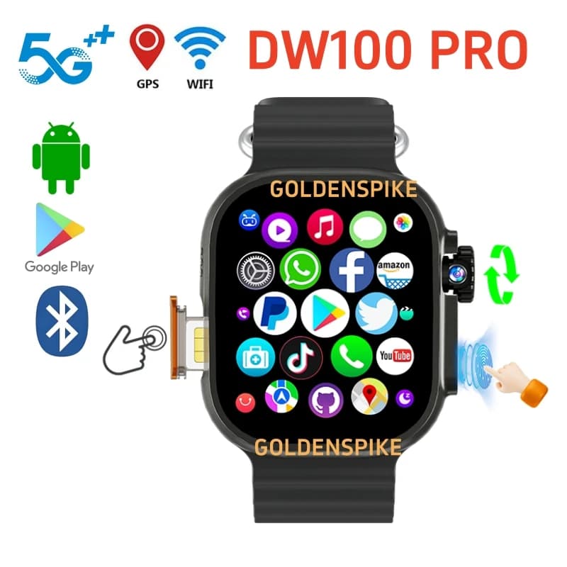 DW100 PRO SmartWatch 4G/5G Sistema operativo Android GPS Orologio intelligente AMOLED da 2,2 pollici Scarica app Riproduzione negozio TOUCH ID SIM Card WIFI