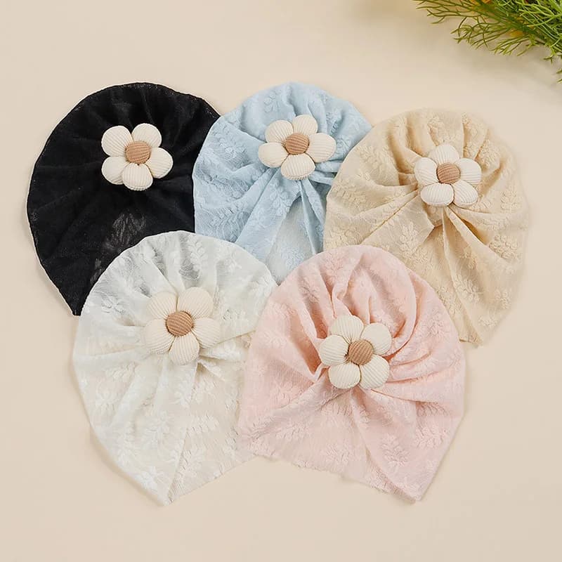 Baby Mesh Turban Cap Cute Flower Newborn Headscarf Summer Beanie Hollow Embroidery Infant Indian Hat 0-2Year Kids Girl Headwraps