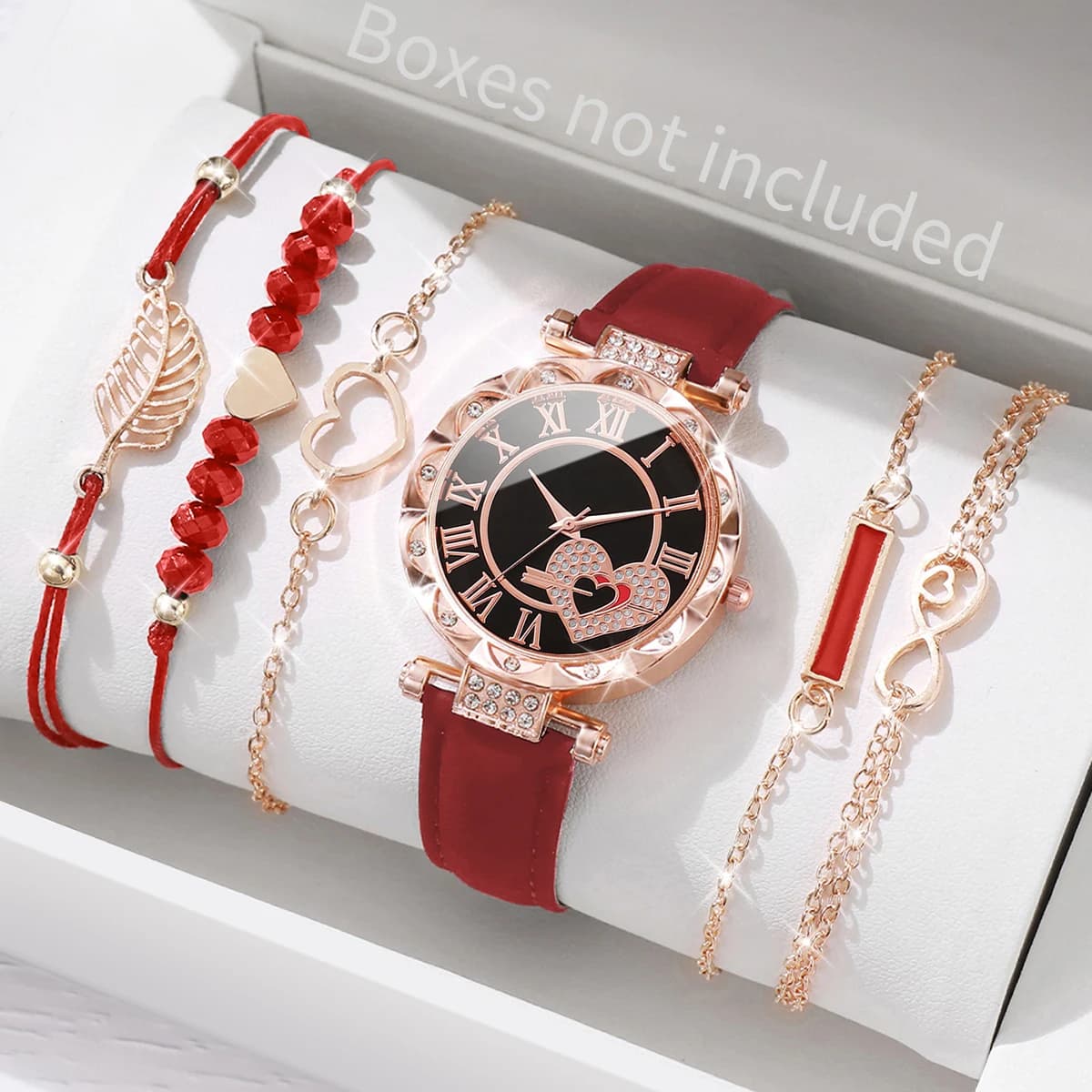 6 pcs/set women's watch fashion Rome dial leather strap quartz watches leaf bracelets set (without box)