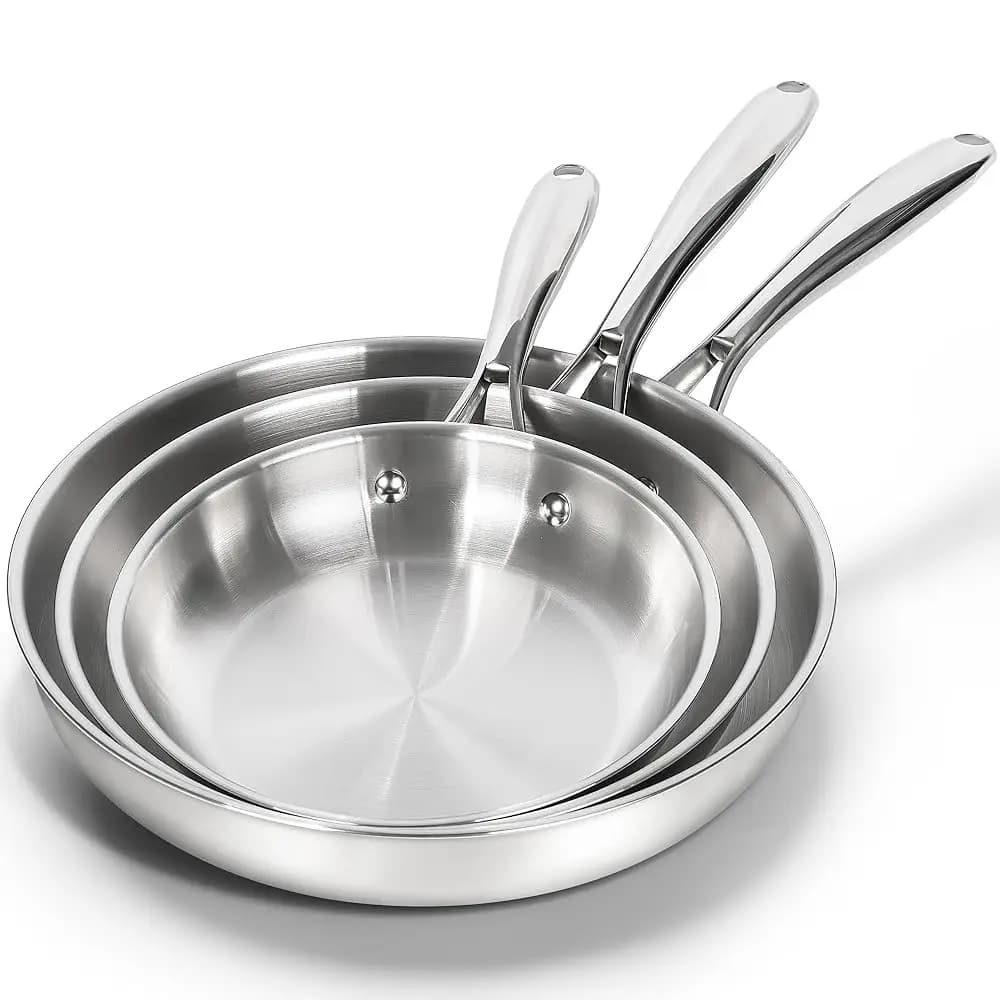 Set di Padelle in Acciaio Inox 18/10, Padelle da Cucina da 8/9,5/11 Pollici, Set di Padelle in Acciaio Inox con Base Tripla e Manico Ergonomico