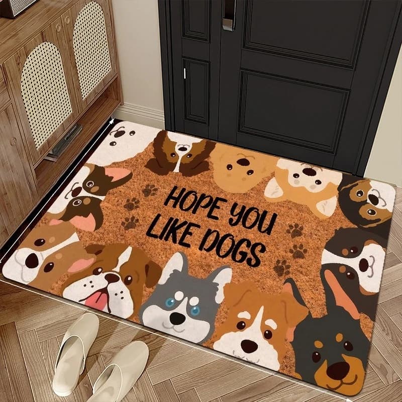Cartoon Mixed Dog Breed Bath Mat Funny Letter Paw Pattern Pet Lover Decor Anti Slip Indoor Entrance Doormat