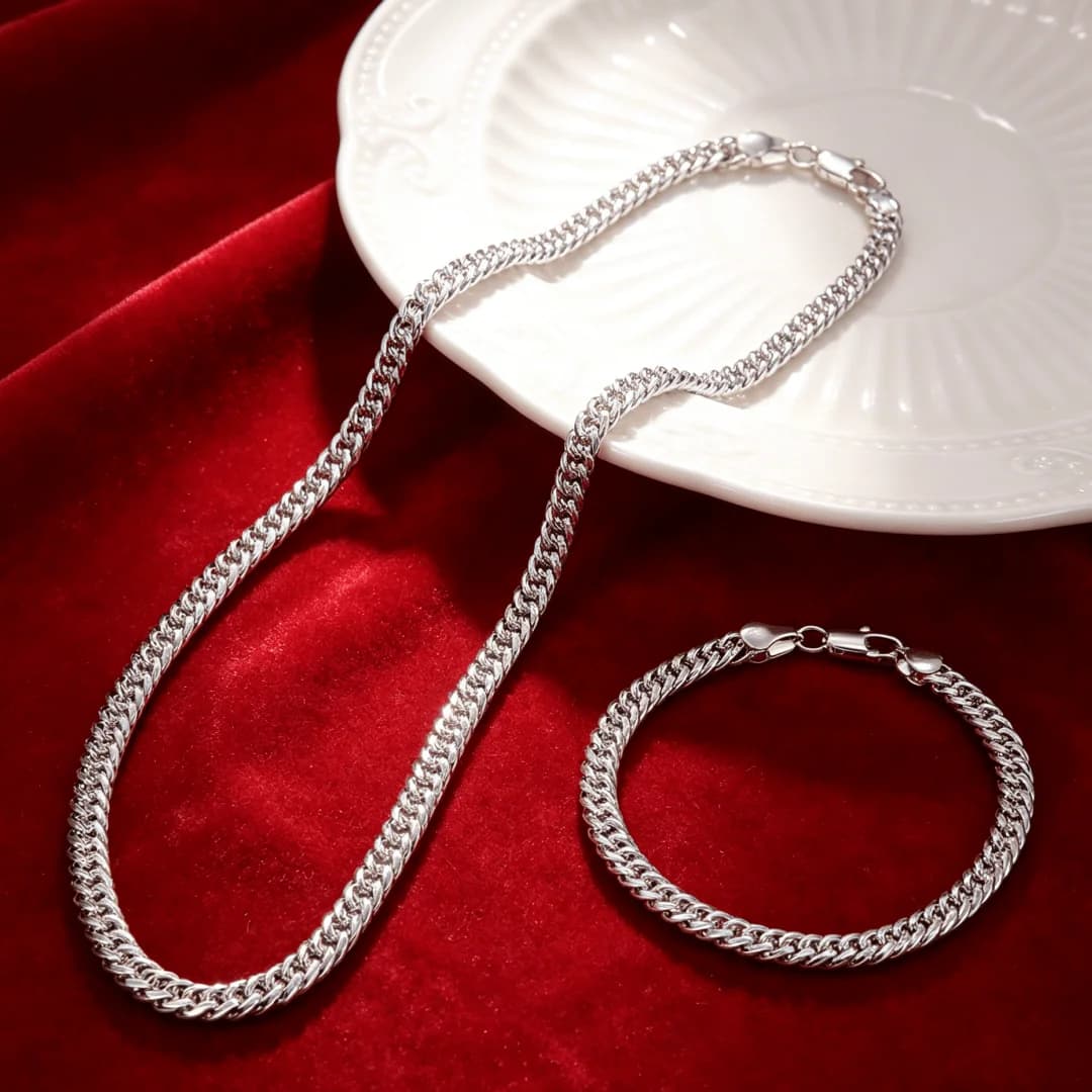 Prezzo di fabbrica Bracciali e collane con catena geometrica classica da 6 mm in argento sterling 925 per donne, set di gioielli alla moda per feste e matrimoni