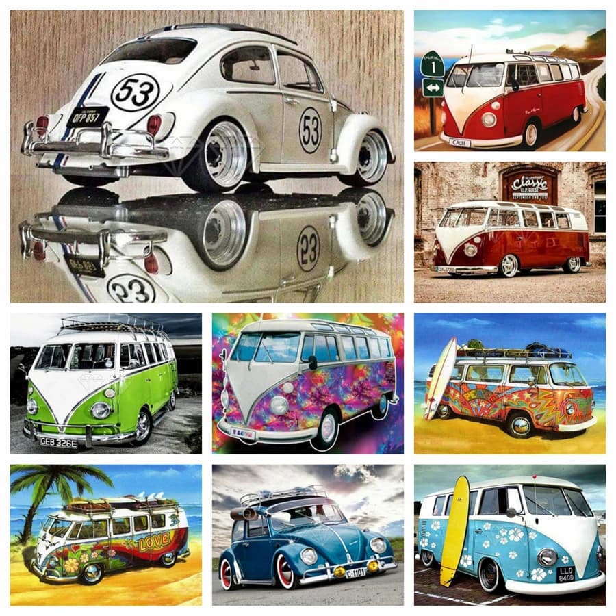 Pittura diamante 5D fai da te scarabeo auto T1 autobus cartone animato scenario ricamo rotondo completo mosaico punto croce decorazioni per la casa paesaggio