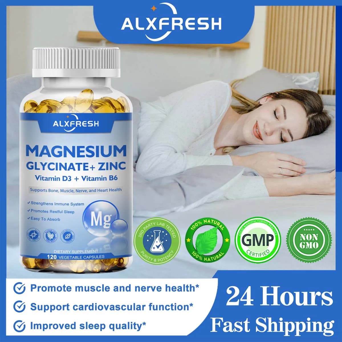 Glycinate with magnesium 500 mg high absorption capsules with zinc, vitamin D3 B6 Suplement support for dieteria Sollievo from stress and anxiety