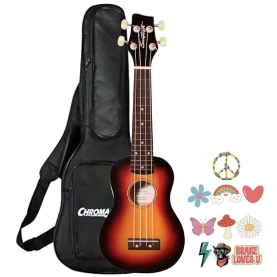 Ukulele soprano Sunburst Basswood con borsa da trasporto e adesivi ufficiali Brake