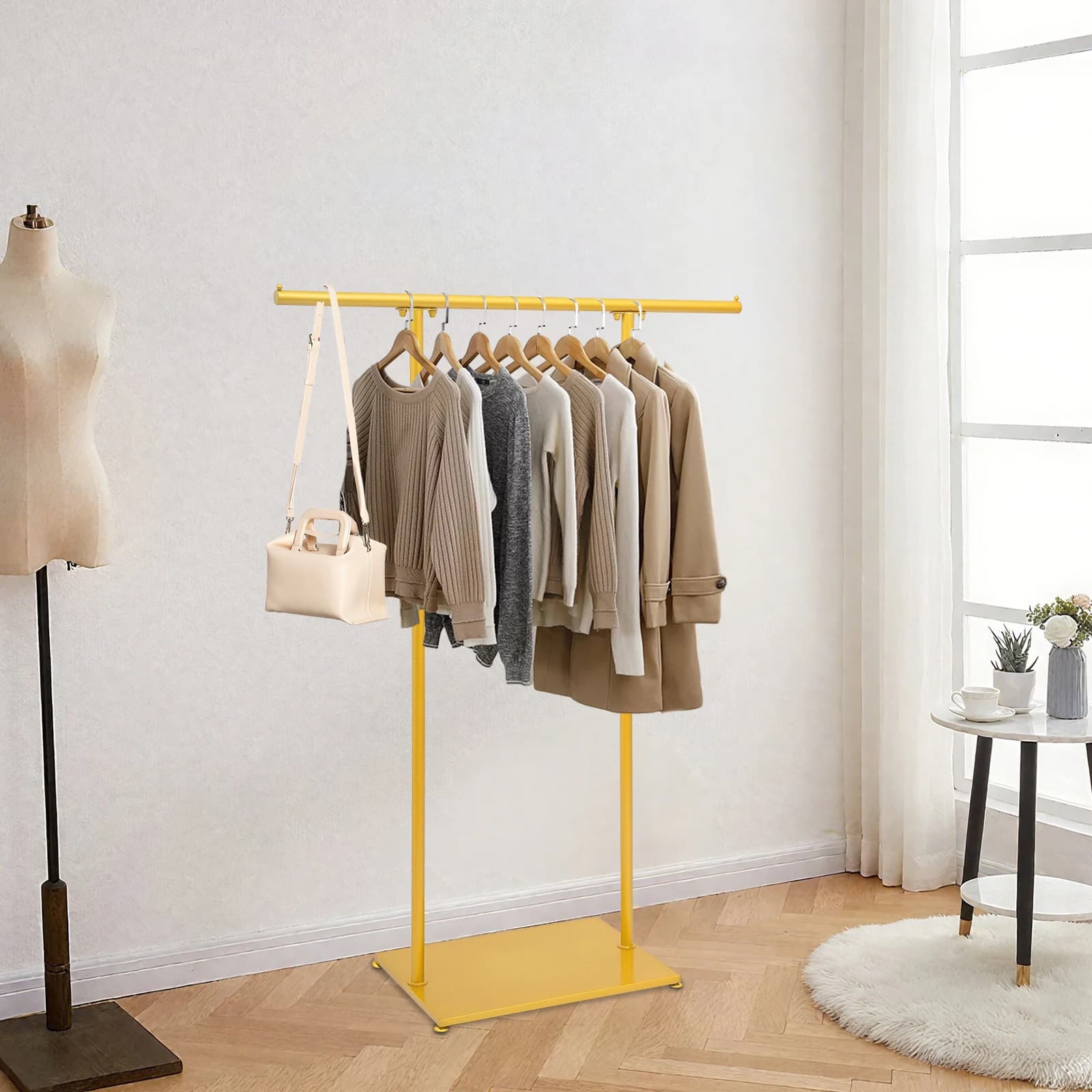 Golden Freestanding Metal Coat Rack Modern Garment Organizer with Shoe Storage Space Saving Sturdy Steel Clothes Hanger for Home