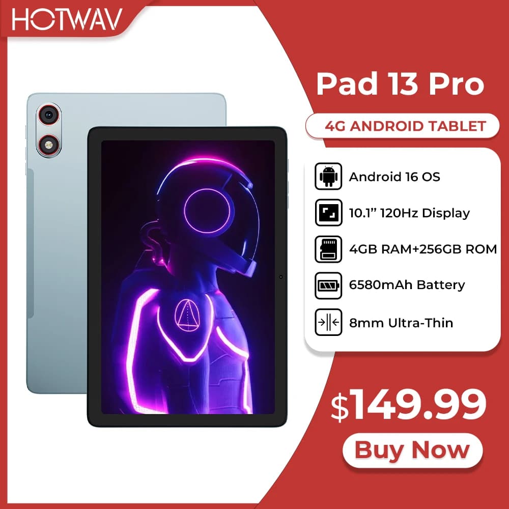 HOTWAV Pad 13 Pro Tablet 10.1'' 120Hz Android 16 Ultra-Sottile e Leggero 4GB 256GB 13MP 6580mAh Octa-core Nuovo