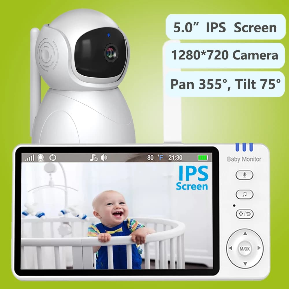 5 "720P HD IPS Schermo Video Baby Monitor Pan Tilt Zoom 4X Telecamera Babysitter Audio bidirezionale Visione notturna 3500mAh Batteria Ninna nanna VOX