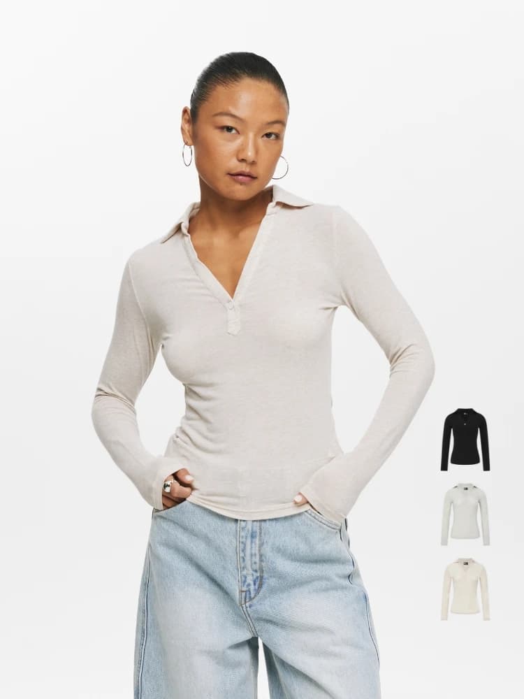 T-shirt a maniche lunghe stile Commuter di Oneup, camicia da donna slim fit con scollo a V, nera, moda primaverile, top casual e confortevole