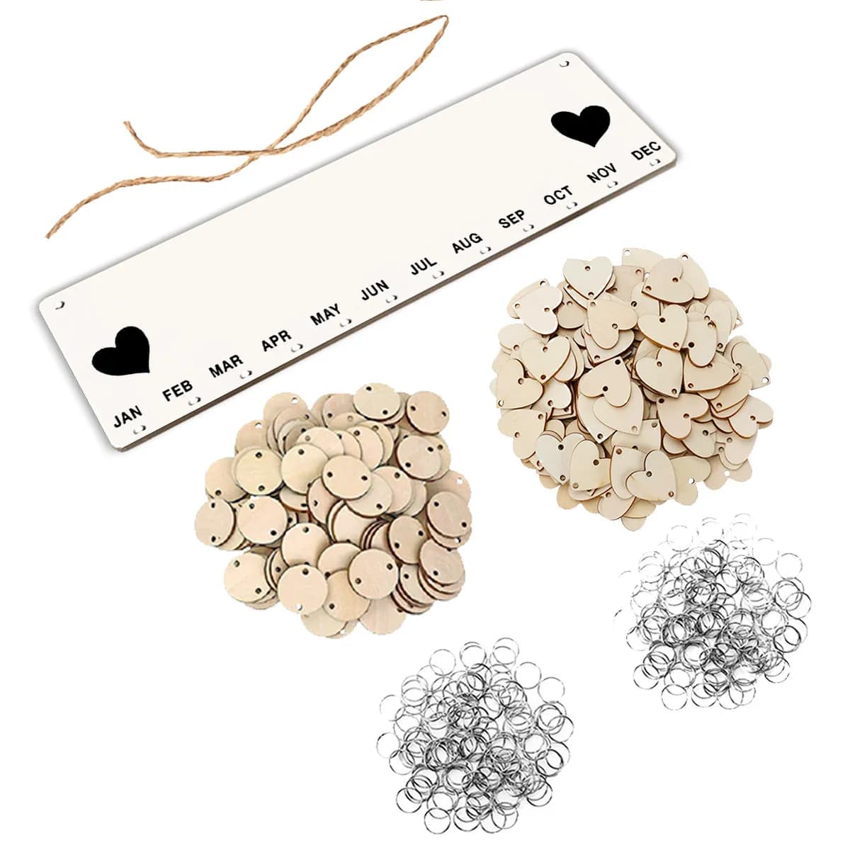 Wooden Hanging Birthday Reminder Board with Hemp Rope Wooden Board 50 Wood Chips 50 Iron Rings Round Heart Design Home Wall