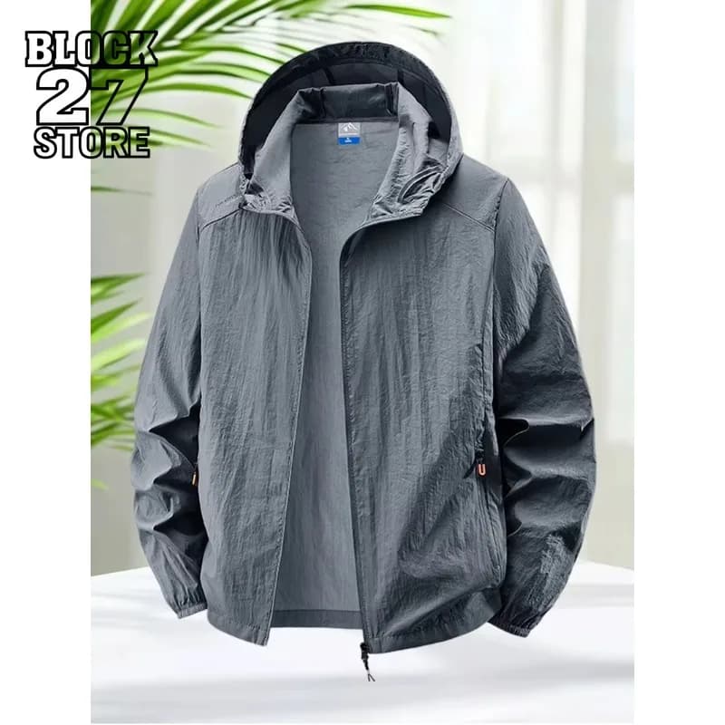Giacca da uomo con protezione solare con cappuccio Giacca a vento leggera da esterno Cappotto UV traspirante ad asciugatura rapida Escursionismo Corsa Moda Harajuku