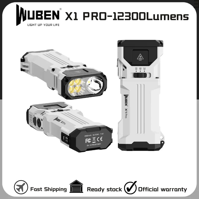 Torcia Ricaricabile WUBEN X1Pro 12300 Lumen, Forma Piatta EDC con Modalità Floodlight e Strobo, Impermeabile IP65 con Batteria