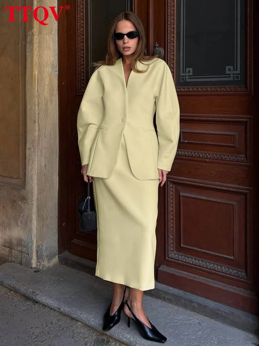 TTQV Moda Allentato Blu Ufficio Due Pezzi Abiti Donna 2025 Elegante Giacca a Maniche Lunghe con Gonna Lunga a Vita Alta Set Femminile