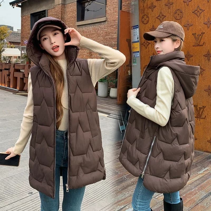 Autumn Winter New Down Cotton Vest Jacket Women Mid-Long Hooded Sleeveless Waistcoat Parkas Loose Vest Overcoat Female Top 2025