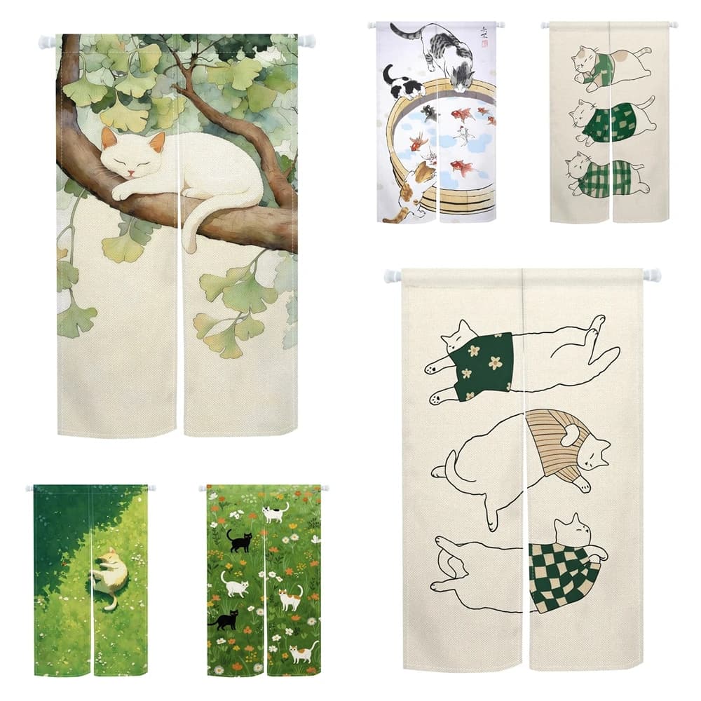 Adorabili Tende Noren a Tema Gatto con Albero di Ginkgo e Gatti Giocosi Dormienti per Interni Domestici, Cucina, Sala da Pranzo, Divisorio