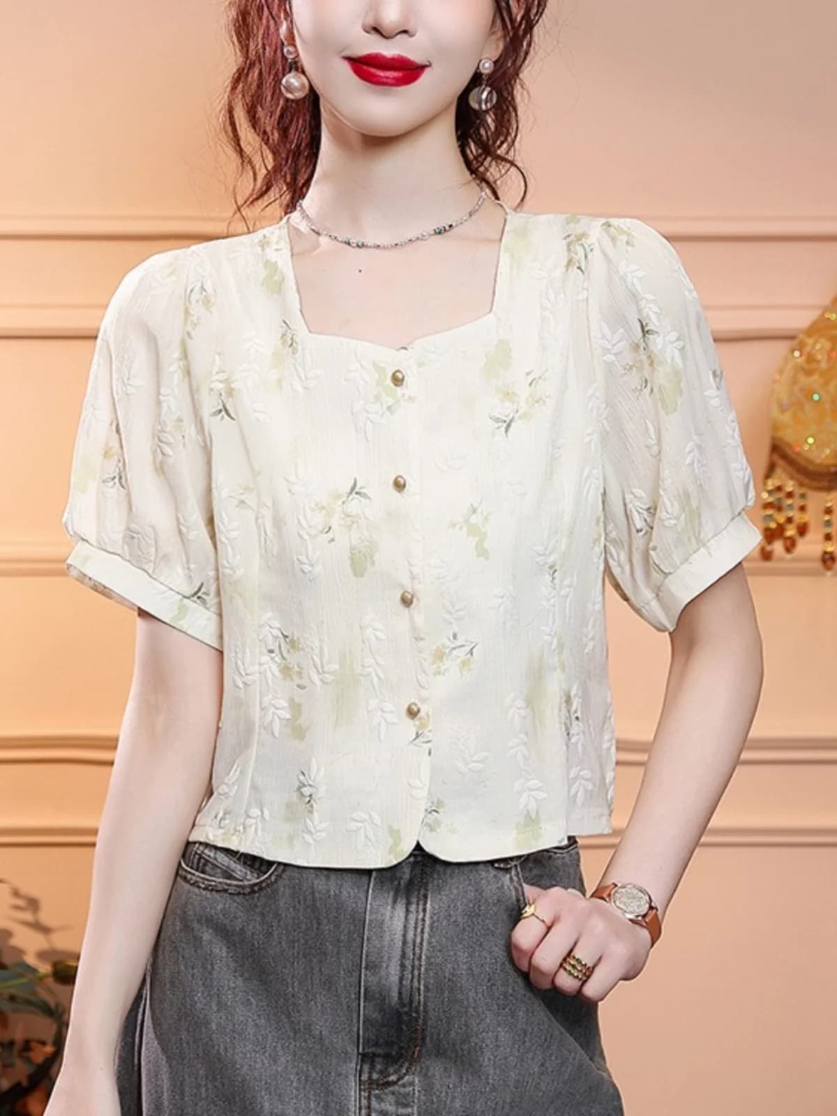 Elegant Short Sleeve Embroidered Square Collar Women's Shirt Summer 2026 Fashion Sweet Style Printed Polyester Fiber Blouse