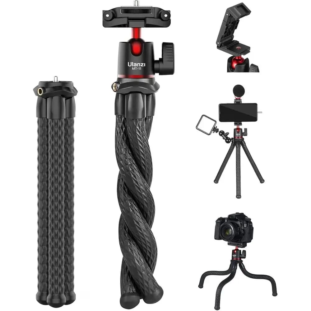 Treppiede Compatto e Flessibile con Supporto Nascosto per Telefono e Attacco Cold Shoe per Fotocamere Universali, Vite da 1/4, Compatibile con Var
