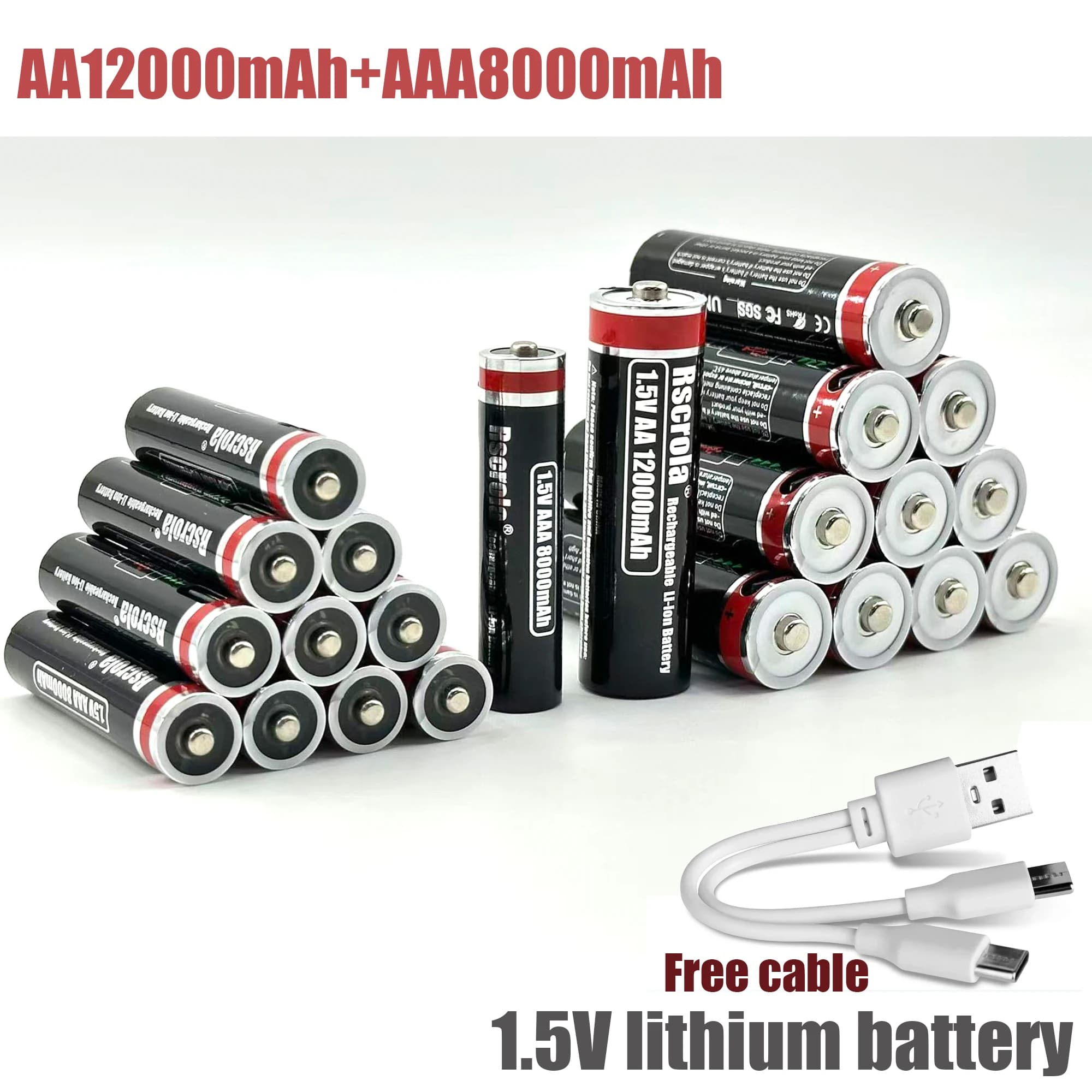 Nuove Batterie al Litio Ricaricabili AA 1.5V 12000mAh e AAA 8000mAh, 2000 Cicli, Ricarica Rapida con Cavi USB-C Gratuiti