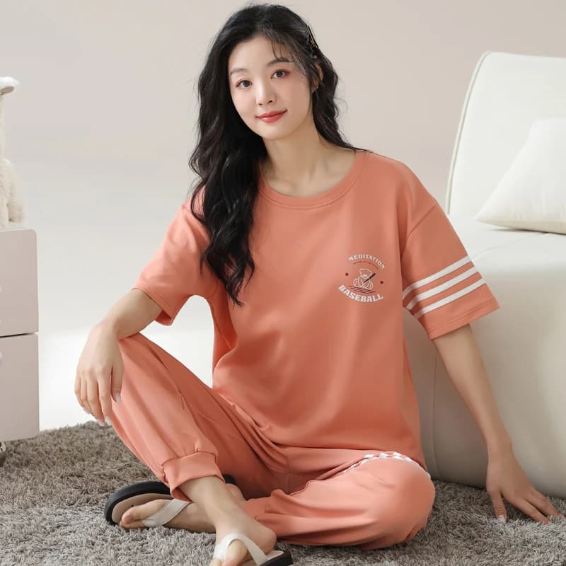 100% Cotton Women's Nightwear Summer Long Pant Short Sleeves Sleeping Top Homewear Young Girl Pajamas Set Mujer Pijamas Dropship