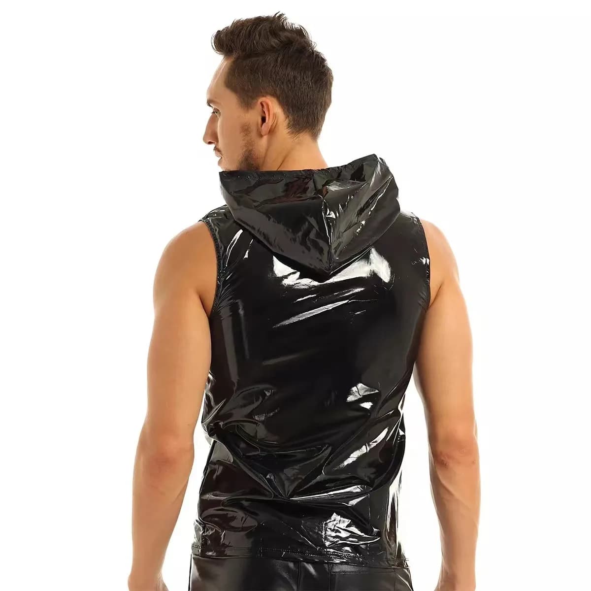 Men's Sleeveless Wet Look PVC Tank Top Zipper Hooded Shiny PU Leather S-7XL Stage Performance Bodybuilding Shirt Vest Waistcoat