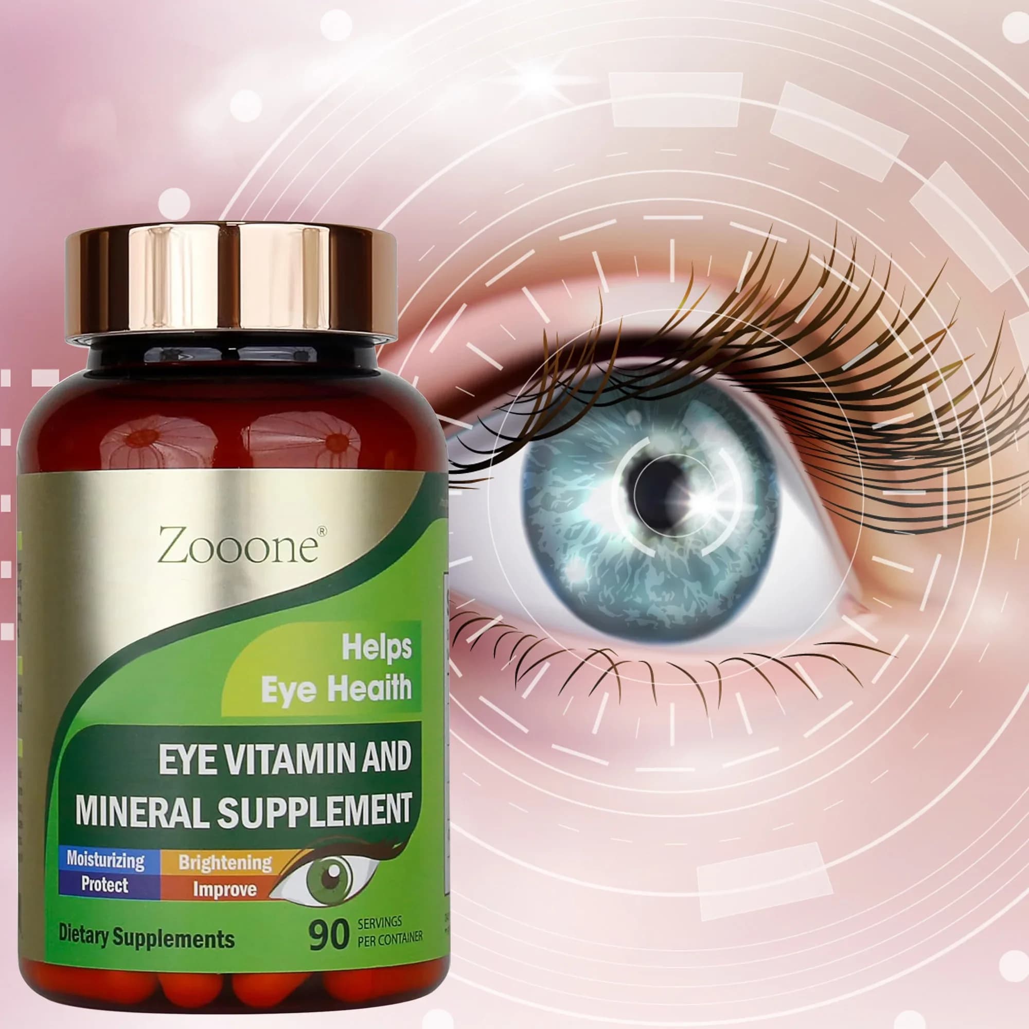Supplement of vitamins and minerals for the eyes: it contains lutein and zeaxanthin to maintain the health of the eyes and relieve the fatigue and dryness of the eyes
