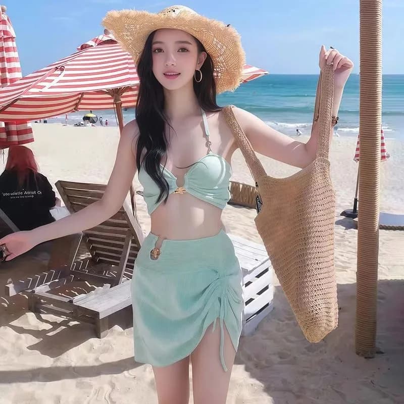 Set Bikini a Costine Verde Menta da Donna 3 Pezzi con Sarong, Halter con Anello a O e Laccetti Laterali, per Vacanze al Mare