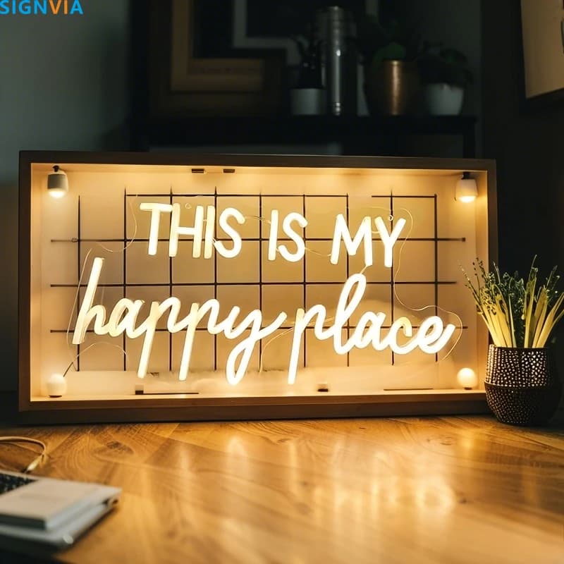 Questo è il mio posto felice Insegna al neon USB Luminosità regolabile Riutilizzabile Illuminazione per feste Matrimonio Camera da letto Decorazioni a parete Insegne al neon