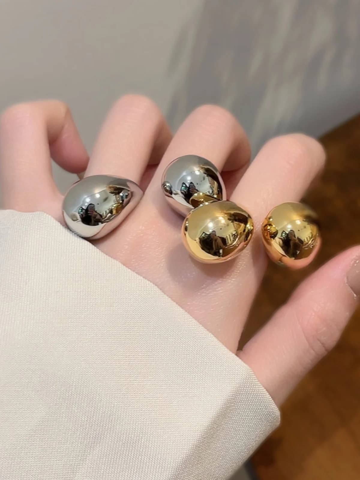 Water Drop Couple Rings with Silver and Gold Central Mirror, Unique Design, Open Ring, Luxury Sensation, Fashion Jewelry