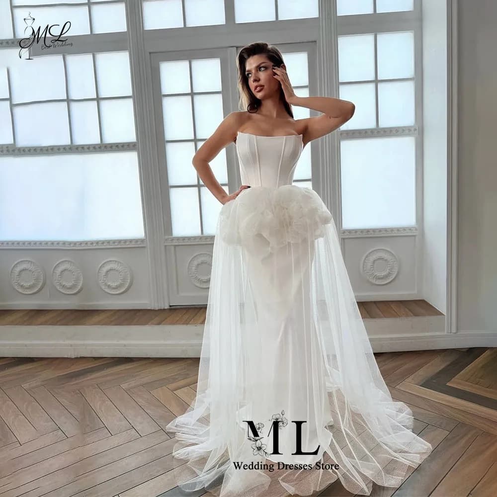 ML Gorgeous Strapless Satin Corset Mermaid Evening Dress Ruffle Tulle Overskirt Wedding Party Gowns Vestidos Customied