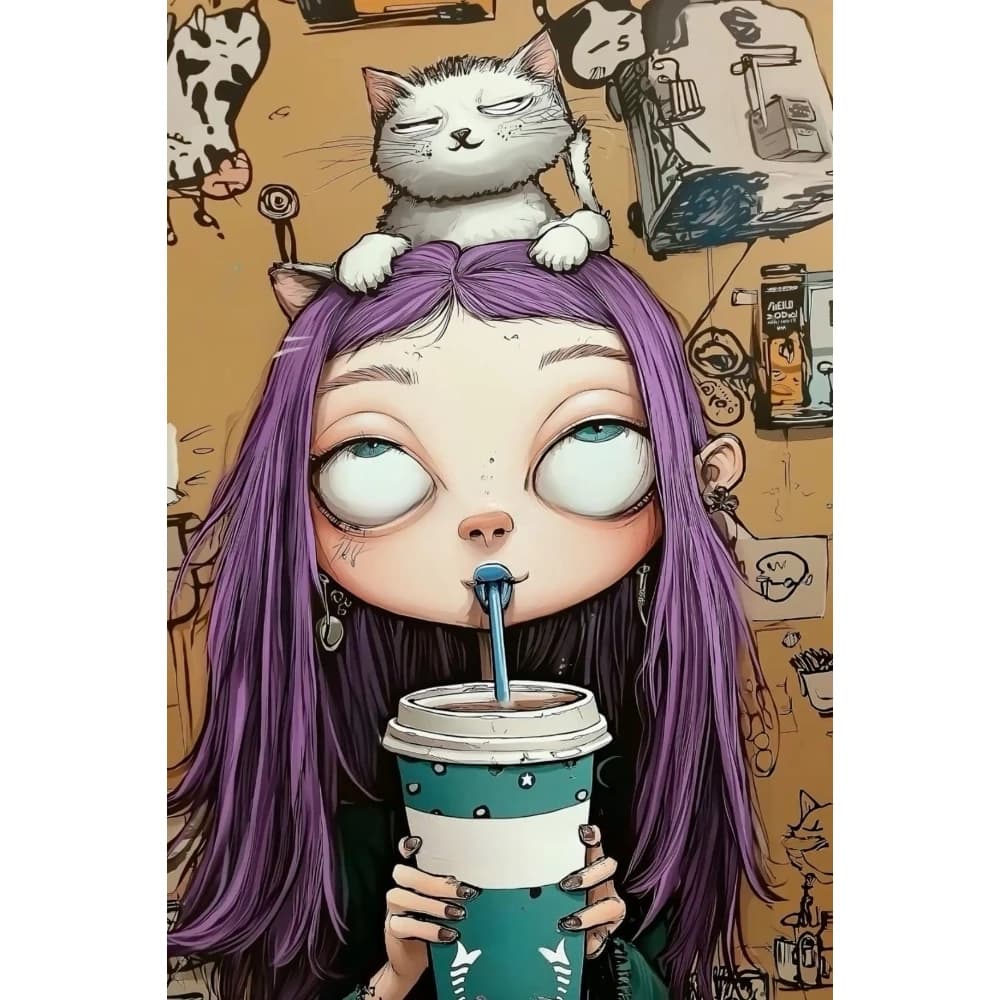 Purple Hair Figure Cat Coffee 5D Diamond Mosaic Full Round/Square DIY Diamond Painting Complete Kit Home Decor for Bedroom