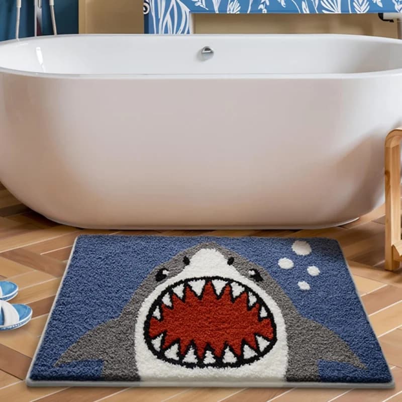 VIKAMA Cute Shark Soft Fluffy Doormat Non Slip Absorbent Marine Bath Rug Bedroom Bathroom Entrance Kids Decor