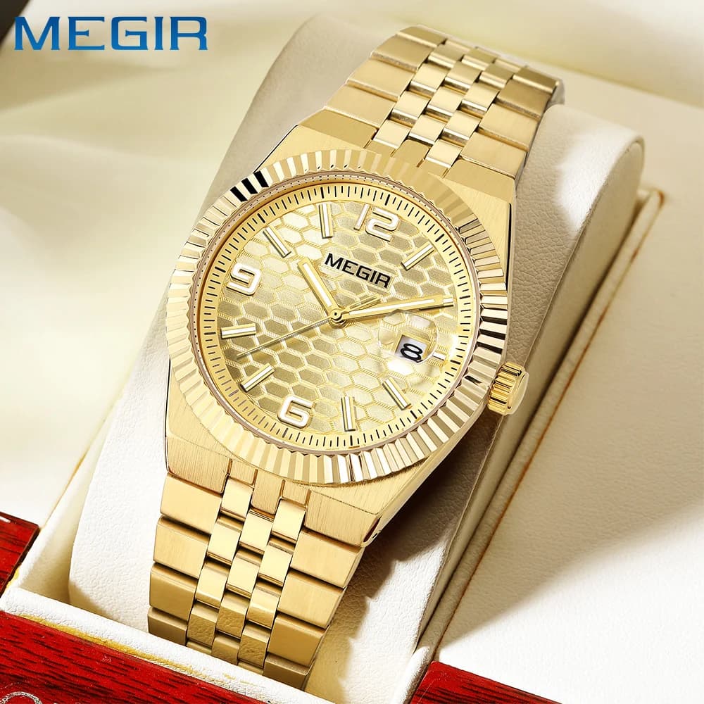 MEGIR Luxury Business Man Week Date Luminous Waterproof Watches for Men Stainless Steel Quartz Fashion Men's Wristwatch