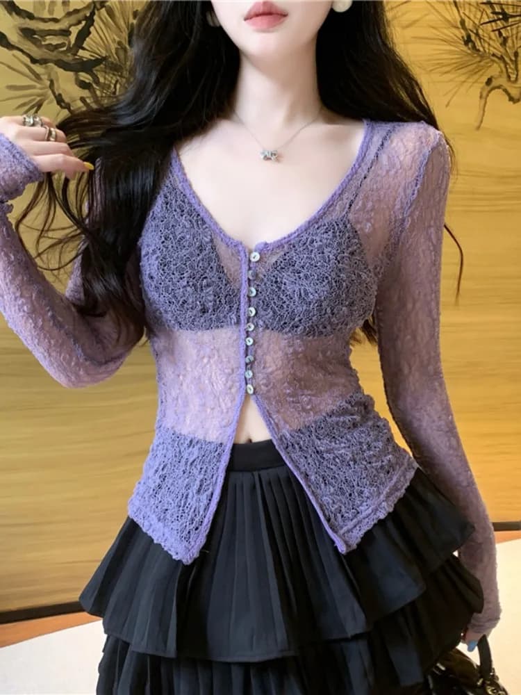 Sexy See-through Lace Open Cardigan Women's Sun Protection Long Sleeve Top V-neck Short Length Pure Color Fashionable Summer ...