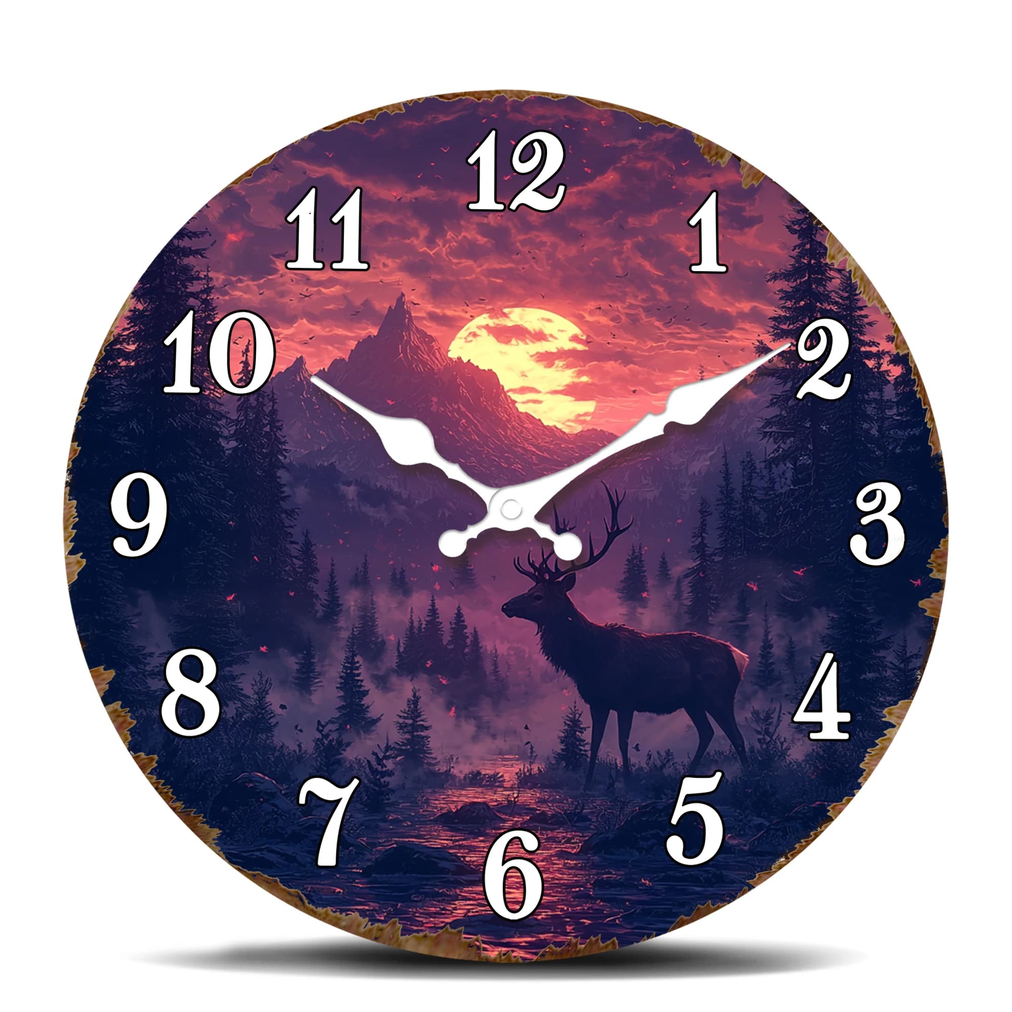 Watch from Parete con Cervo Sereno al Tramonto: Elegant Round Artistic Watch with Silhouette di Cervo Maestosa Against a Landscape Montano Vibrante al Tramonto