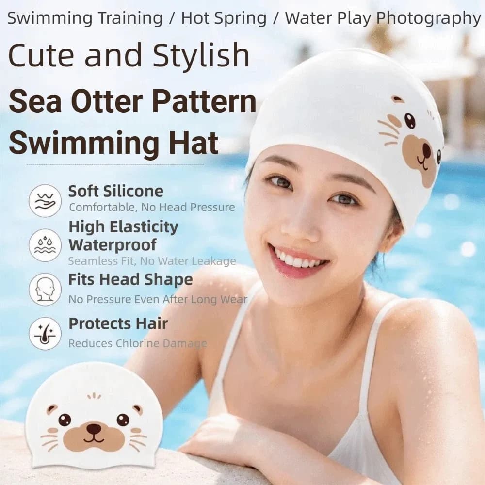 Creative Swimming Hat Sea Otter Pattern Funny Silicone Swim Cap Ear Protection High Elasticity Bathing Caps Protecting Hair