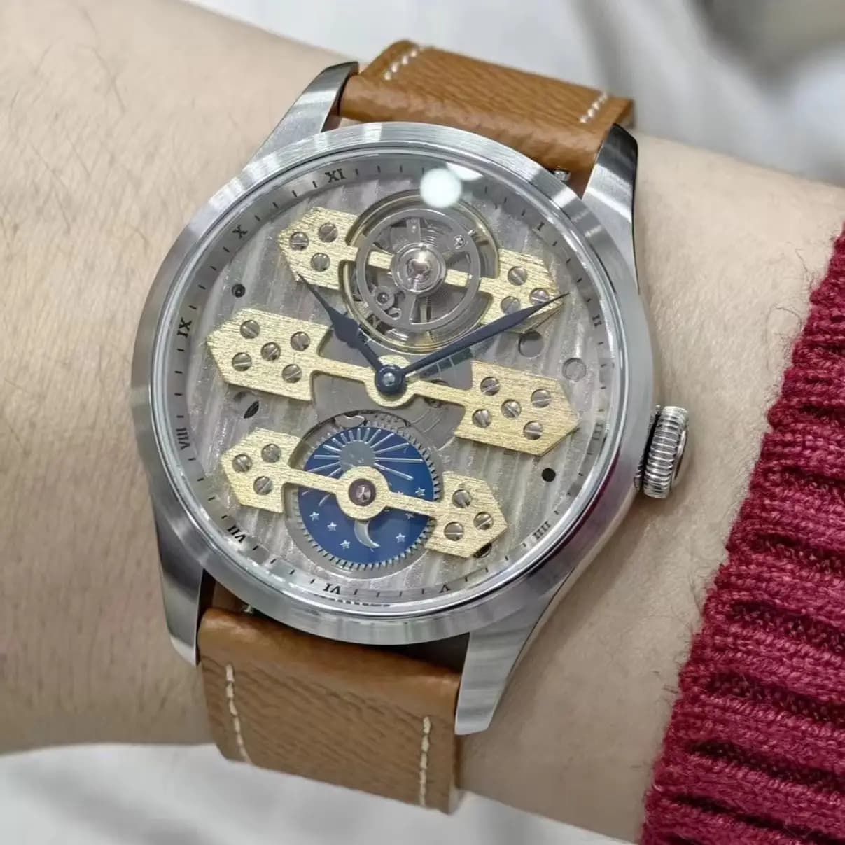 FARASUTE Orologio Meccanico da Uomo di Lusso 39mm a Carica Manuale Impermeabile con Vetro Zaffiro Indicatore Giorno/Notte Quadrante Scheletrato