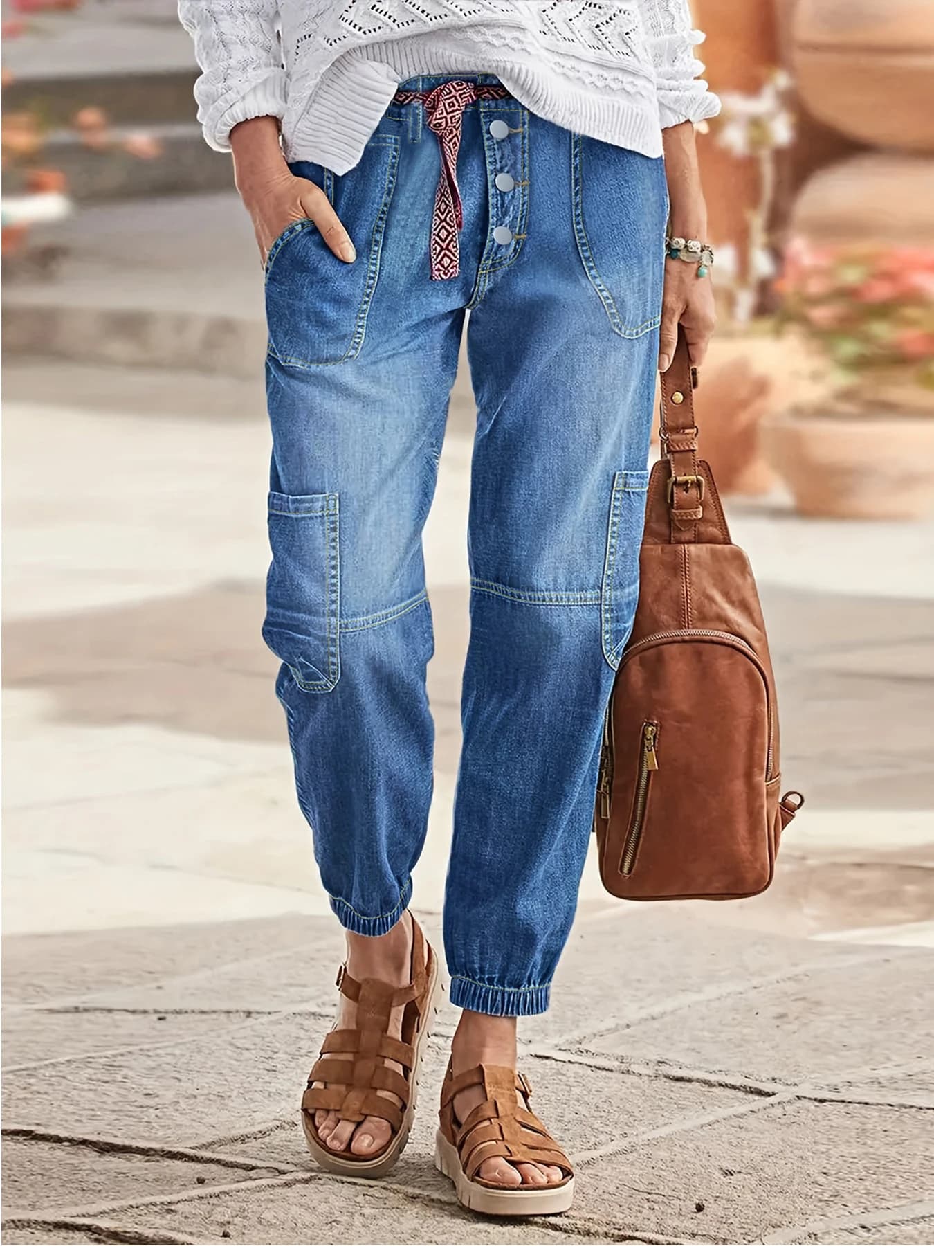 Women's high-end skinny jeans strong sizes denim trousers with large elastic buttons