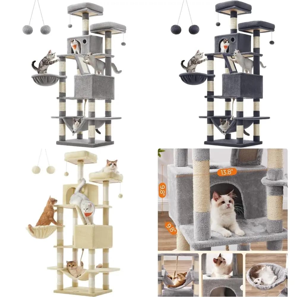 Lussuosa torre alta per gatti, abitat di gioco sintetico, ideale per gatti domestici e compagni di interni (grigio chiaro)