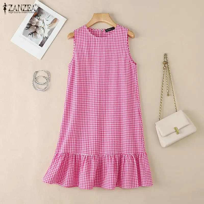 ZANZEA Women's Gingham Knee-Length Dress O-Neck Sleeveless Ruffled Hem Dresses Daily Casual Checked Sundress Summer Robes Femme