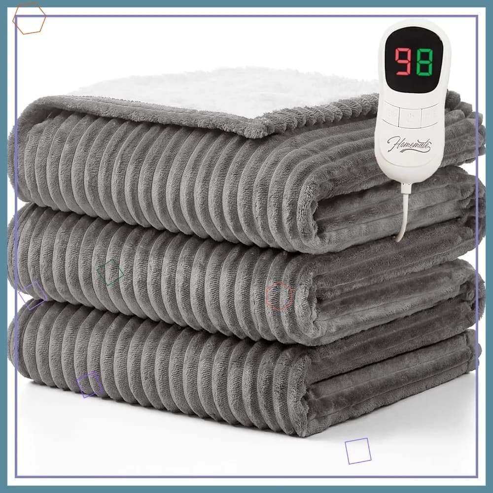 Coperta Elettrica Riscaldata 50x60 Pollici, 10 Livelli di Calore, Timer di Spegnimento Automatico, Protezione dal Surriscaldamento, Morbida in Flanella e Sherpa