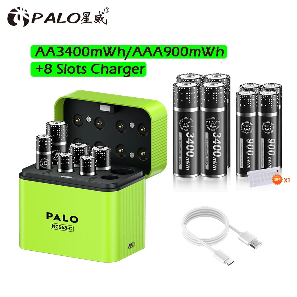 PALO 3400mWh Batteria ricaricabile agli ioni di litio AA AAA da 1,5 V con caricatore magnetico a 8 canali per batterie al litio da 1,5 V 2 A 3 A