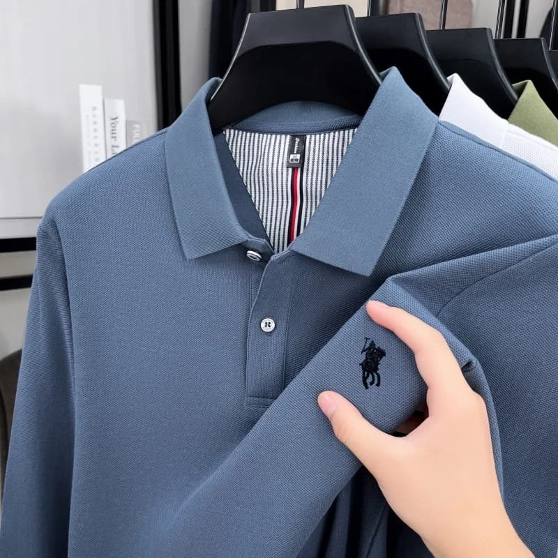 Polo a maniche lunghe da uomo in cotone 100% puro, di marca di lusso, con ricamo a forma di pony, per primavera e autunno, stile casual da golf.