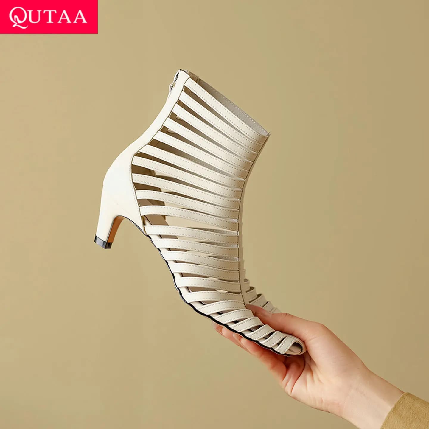 QUTAA 2026 Nuove Scarpe da Donna alla Moda, Sandali Estivi in Pelle di Vacchetta, Tacchi Alti, Punta Quadrata, Scarpe da Cerimonia 34-40