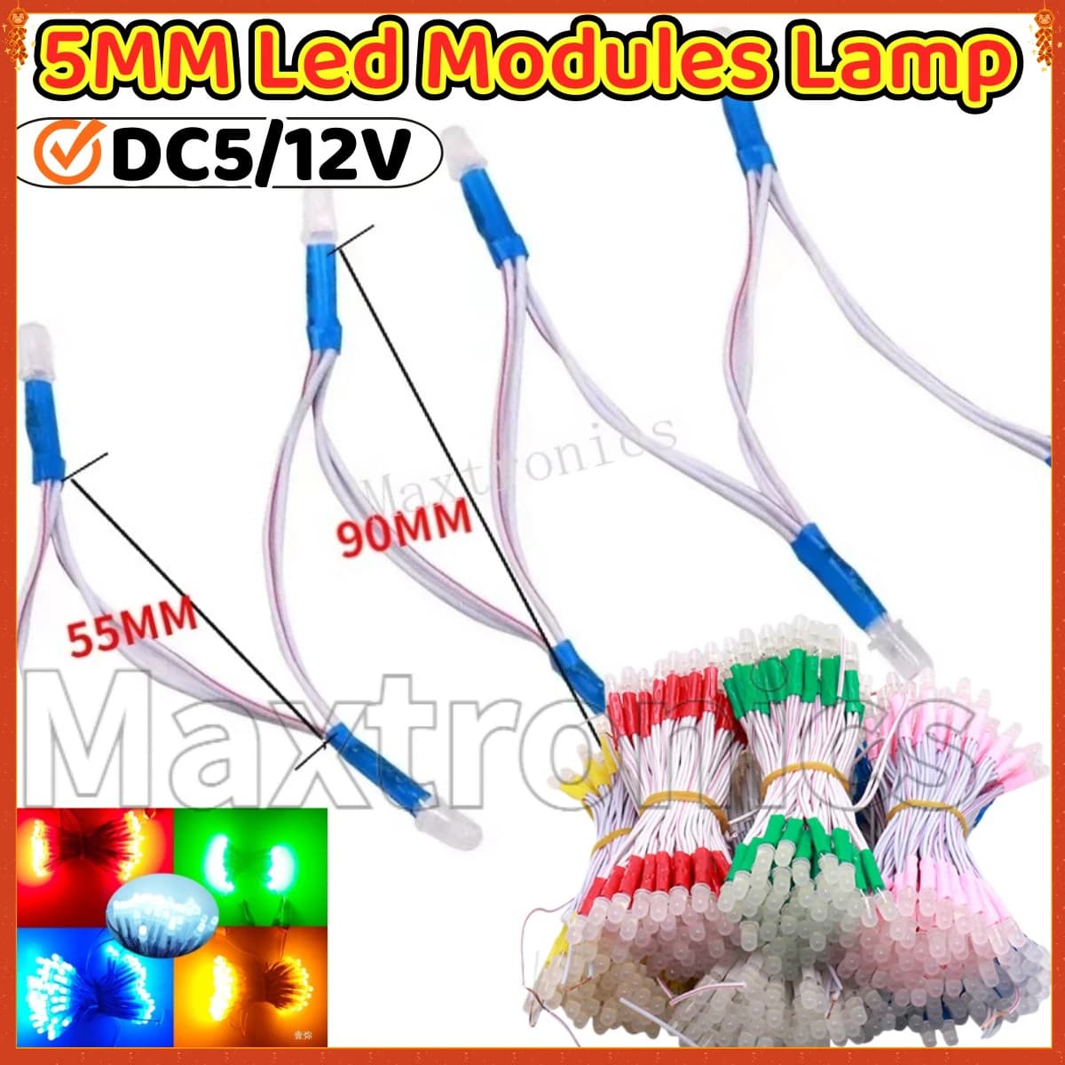 DC5/12V Rosso/Verde Blu/Bianco/Giallo 5MM Moduli Led Lampada 100PCS/stringa Moduli Diodi Emettitori di Luce per la Pubblicità Segnale luminoso