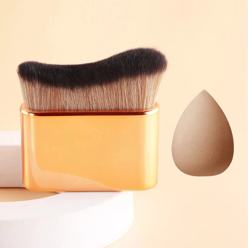 Curved Foundation Brush with Makeup Sponge, Multi-Functional Body & Face Contour Brush